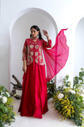 Crimson Red Gajji Silk Indo-Western Set with Necklace-Style Dupatta