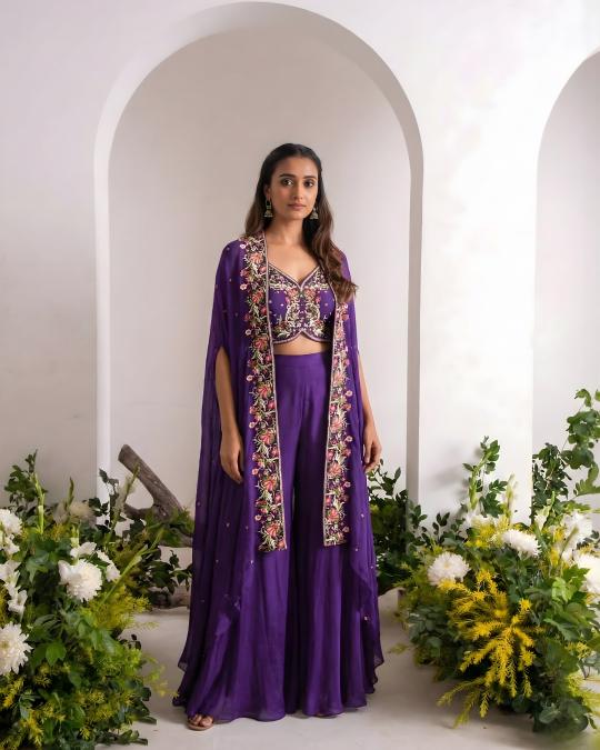 Royal Purple Chiffon Indo-Western Sharara Set with Embroidered Cape